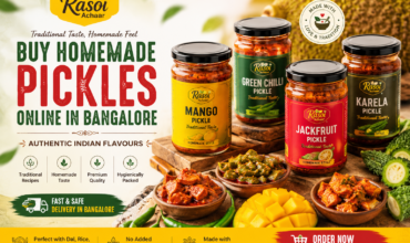 Rasoi Achaar homemade-style pickles Rasoi Achaar homemade-style pickles featuring mango, green chilli, jackfruit and karela pickle jars, promoting traditional Indian flavours and online pickle delivery in Bangalore.