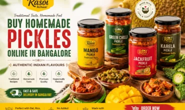 Rasoi Achaar homemade-style pickles featuring mango, green chilli, jackfruit and karela pickle jars, promoting traditional Indian flavours and online pickle delivery in Bangalore.