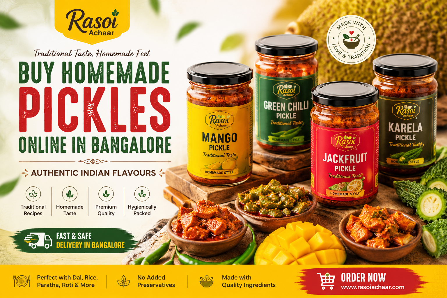 Rasoi Achaar homemade-style pickles featuring mango, green chilli, jackfruit and karela pickle jars, promoting traditional Indian flavours and online pickle delivery in Bangalore.