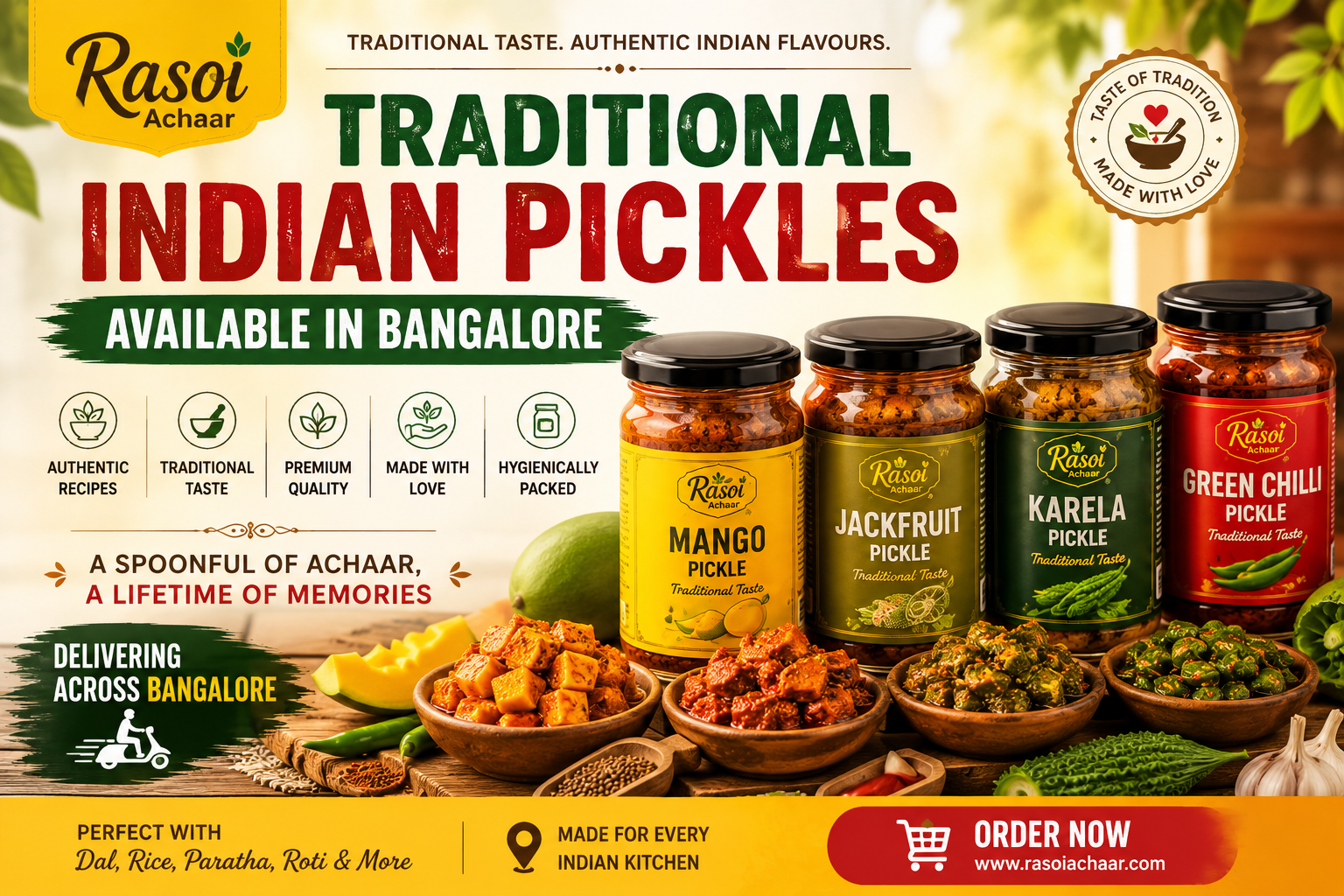 Rasoi Achaar traditional Indian pickles including mango, jackfruit, karela and green chilli pickle, available in Bangalore with authentic flavours and fresh delivery.