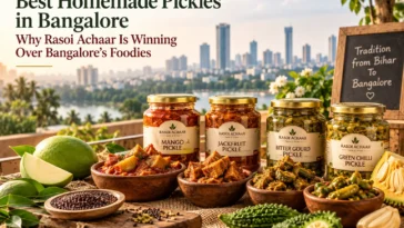 Best homemade pickles in Bangalore featuring Rasoi Achaar mango, jackfruit, bitter gourd and green chilli pickles