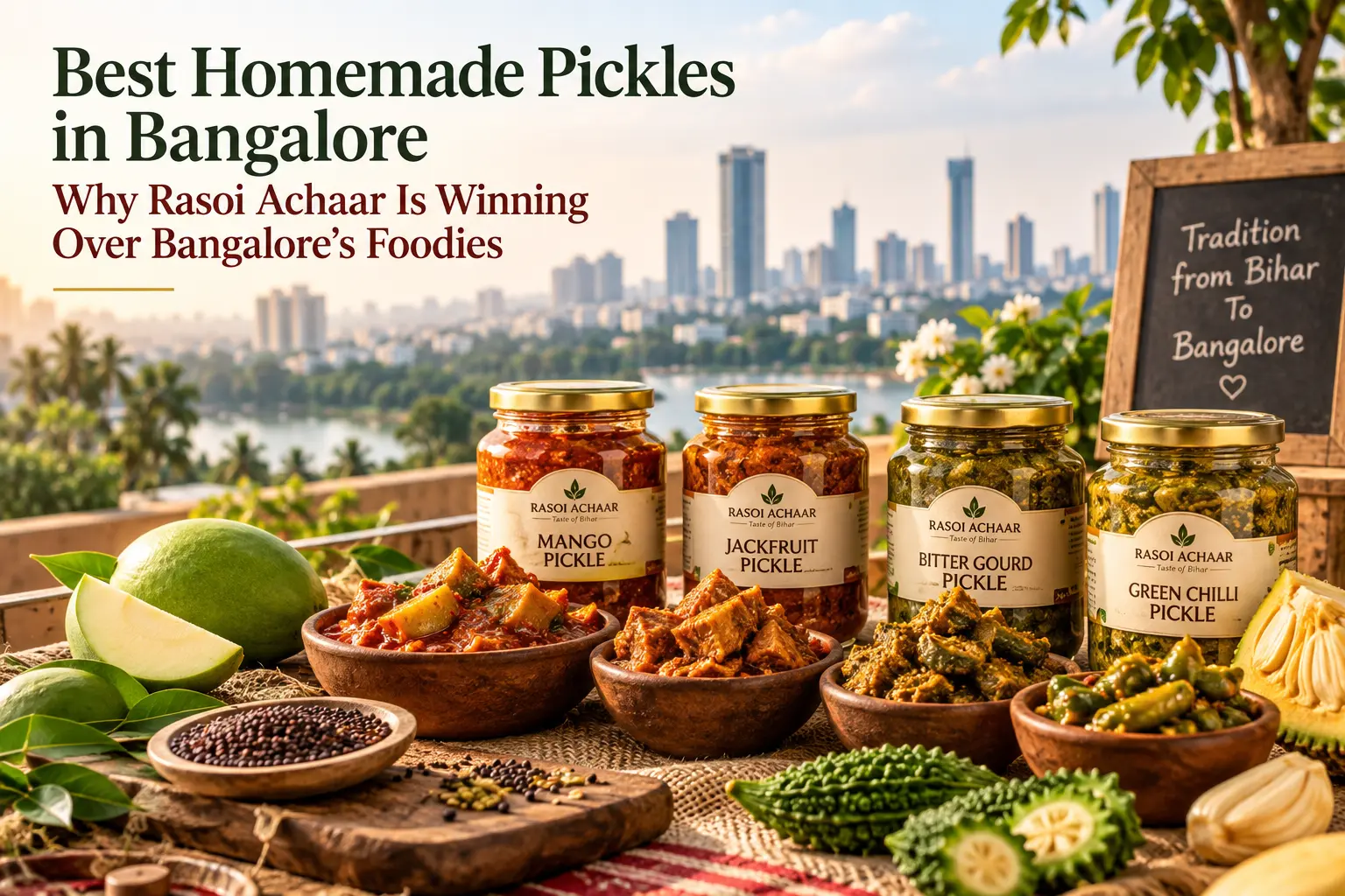 Best homemade pickles in Bangalore featuring Rasoi Achaar mango, jackfruit, bitter gourd and green chilli pickles