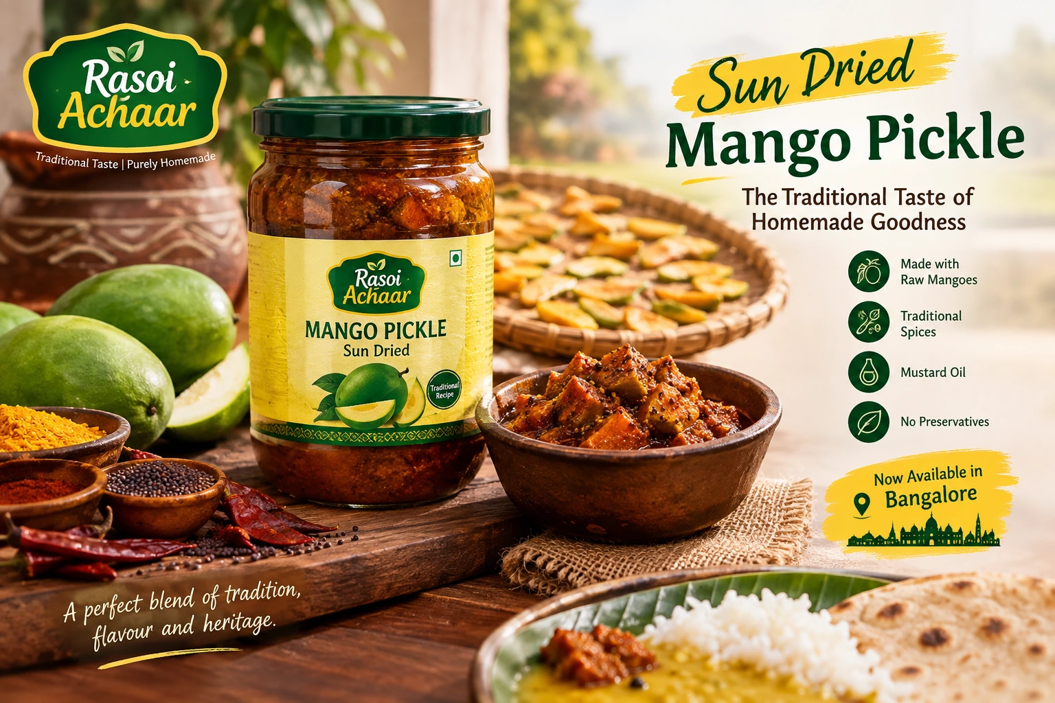 Sun dried mango pickle in Bangalore – Rasoi Achaar traditional homemade-style raw mango pickle with spices and mustard oil