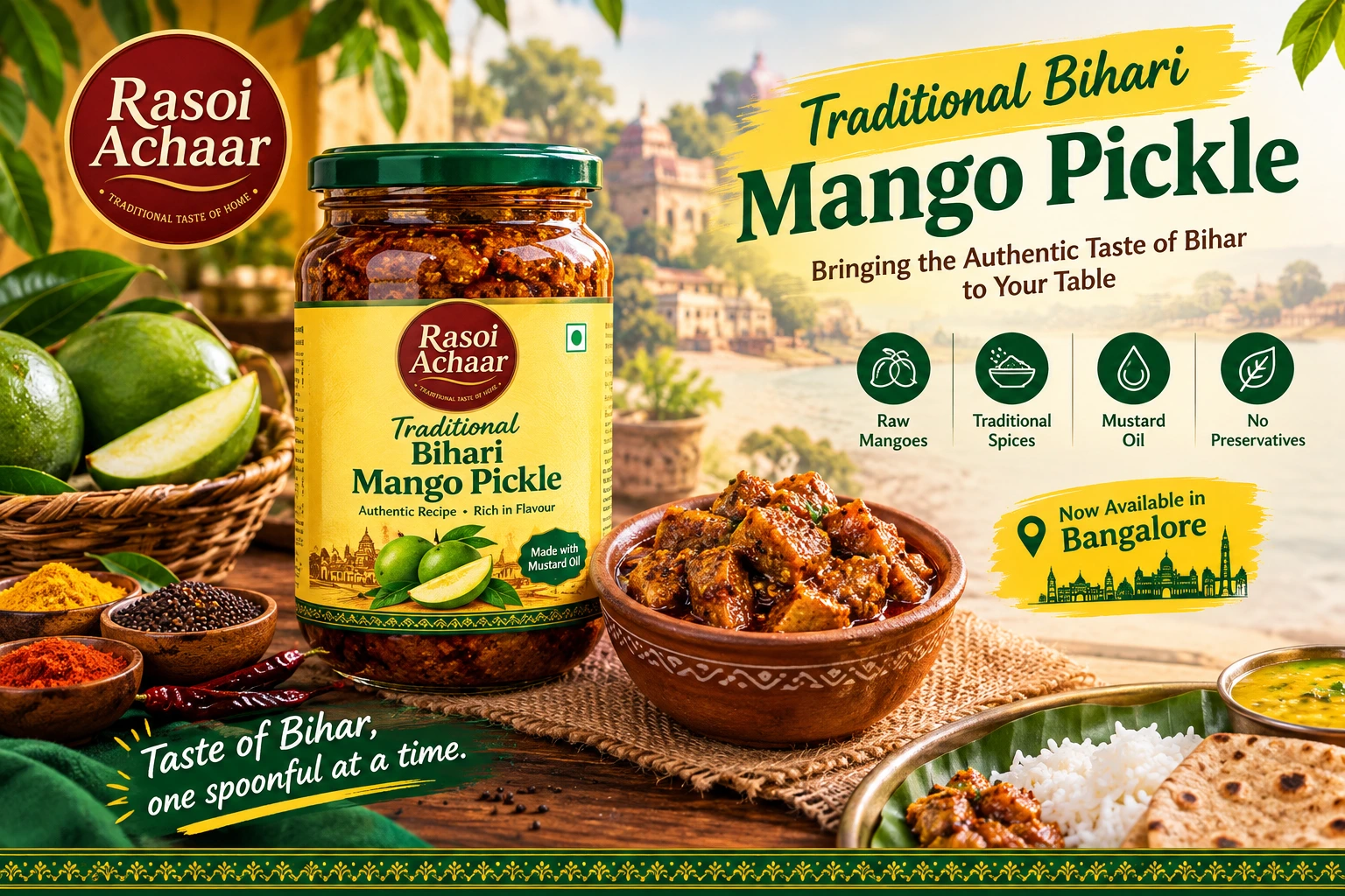 Traditional Bihari mango pickle in Bangalore – Rasoi Achaar with raw mangoes, traditional spices and mustard oil
